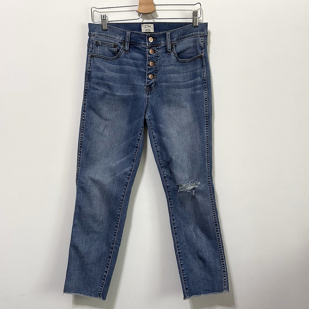 J Crew Vintage Straight Jeans 29 x 26 Raw Hem Button Fly Medium Wash Crop Denim